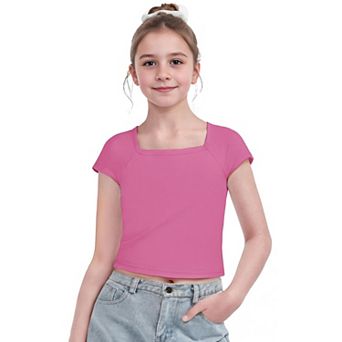 Arshiner Kids T Shirts Teen Girl Trendy Short Sleeve Crop Tops For Kids Girls Square Neck