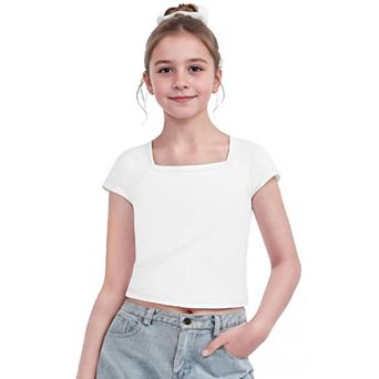 Arshiner Kids T Shirts Teen Girl Trendy Short Sleeve Crop Tops For Kids Girls Square Neck