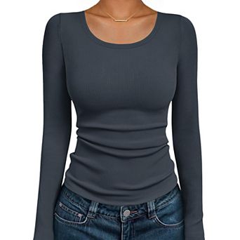 Ekouaer Womens Long Sleeve Tops Round Neck Shirt T Shirt Undershirts Base Layer Tee