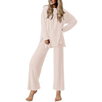 Ekouaer Lounge Sets for Womens Long Sleeve Pajamas Loungewear Pajamas Two Piece Travel Outfits Set