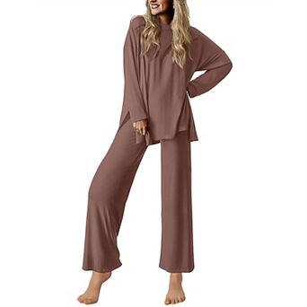 Ekouaer Lounge Sets for Womens Long Sleeve Pajamas Loungewear Pajamas Two Piece Travel Outfits Set