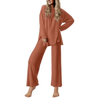 Ekouaer Lounge Sets for Womens Long Sleeve Pajamas Loungewear Pajamas Two Piece Travel Outfits Set