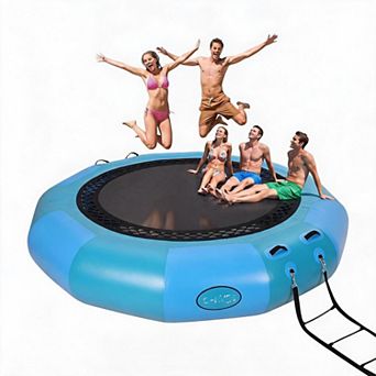 10x10ft Gradient Sky Blue PVC Inflatable Water Trampoline with Ladder and Electric Pump