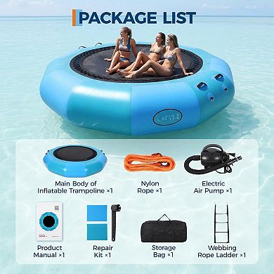 10x10ft Gradient Sky Blue PVC Inflatable Water Trampoline with Ladder and Electric Pump