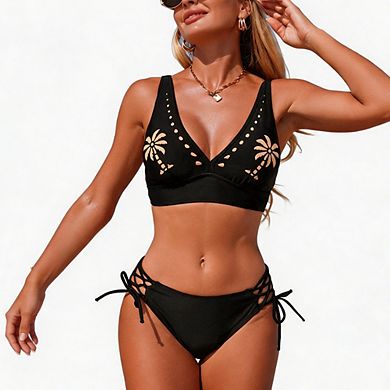 Women's Two-Piece Bikini with Cutout Plunge Top and Lace-Up Side Tie Bottoms
