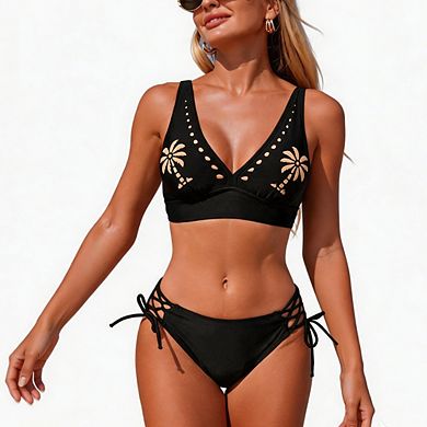 Women's Two-Piece Bikini with Cutout Plunge Top and Lace-Up Side Tie Bottoms