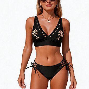 Women's Two-Piece Bikini with Cutout Plunge Top and Lace-Up Side Tie Bottoms