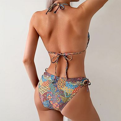 Women's Triangle Halter Bikini Set with Side Tie Bottoms and Pendant Detail