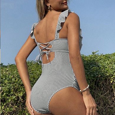 Women's Stripe One Piece Swimsuit Ruffled Shoulder V Neck Side Ruched Design
