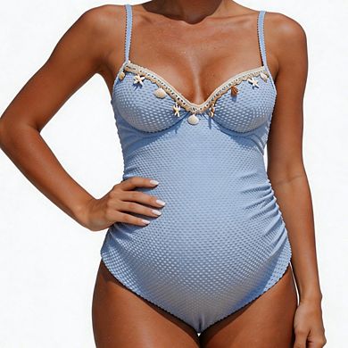 Women's Textured Maternity One Piece Swimsuit Spaghetti Straps Trim Side Ruched