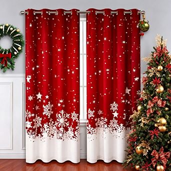 Christmas Curtains 2 Panels Set Velvet Snowflake Red Blackout Window Curtains for Bedroom