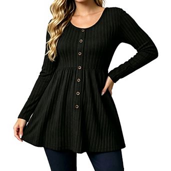 Women U Neck Ribbed Knit Long Sleeve Tunic Top Decorative Button Front Casual Blouse