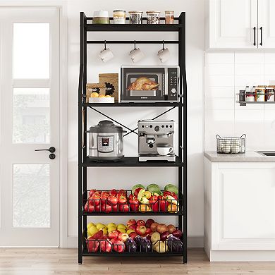 Kitchen Bakers Rack with Storage Cabinet and Wire Baskets Coffee Bar and Microwave Stand