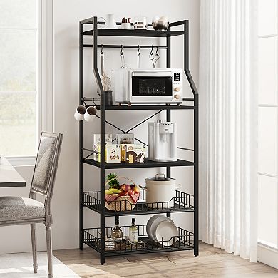 Kitchen Bakers Rack with Storage Cabinet and Wire Baskets Coffee Bar and Microwave Stand