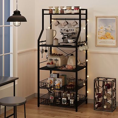 Kitchen Bakers Rack with Storage Cabinet and Wire Baskets Coffee Bar and Microwave Stand