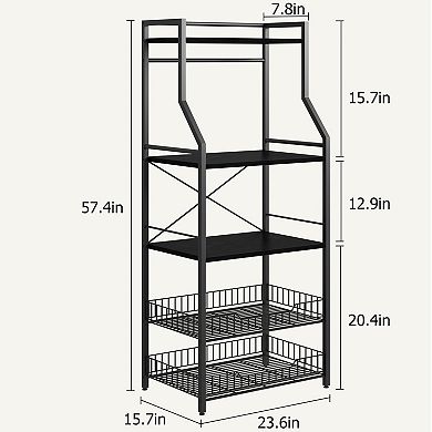 Kitchen Bakers Rack with Storage Cabinet and Wire Baskets Coffee Bar and Microwave Stand