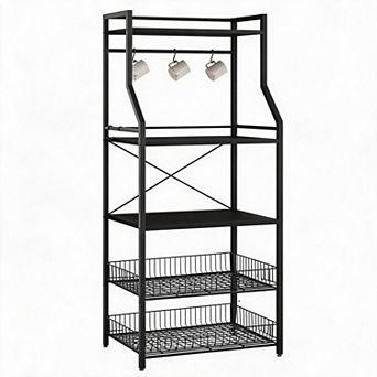 Kitchen Bakers Rack with Storage Cabinet and Wire Baskets Coffee Bar and Microwave Stand