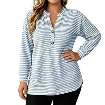 Plus Size Women Striped Long Sleeve Shirts Button V Neck Casual Loose Fit Knit Tunic Tops