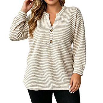 Plus Size Women Striped Long Sleeve Shirts Button V Neck Casual Loose Fit Knit Tunic Tops