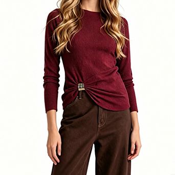 Women Crew Neck Textured Long Sleeve Top Metal Ring Side Twist Ruched Slim Fit Casual Blouse