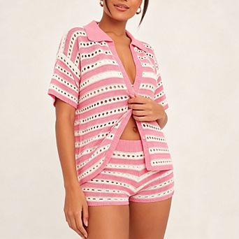 Womens Hollow Out Crochet Knit Collared Short Sleeve Cover Up Shirt Shorts 2 pc Set Swimsuit Sets