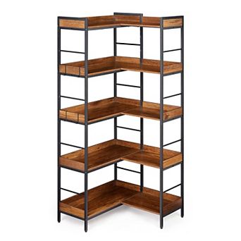 Bookshelf 5 tier with 4 Hooks, 62 Inch Industrial Wooden Bookcase, Reversible Heavy Duty Wood