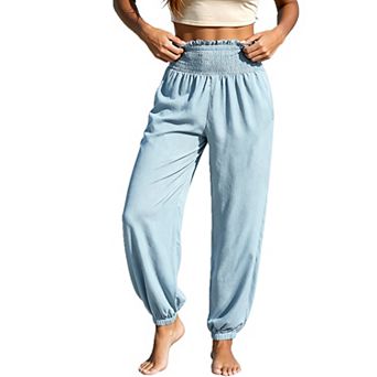 Women High Waist Smocked Jogger Pants Lightweight Loose Casual Trousers with Pockets Ankle Pants