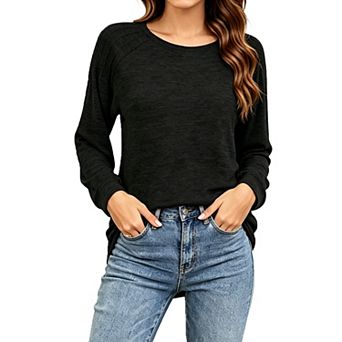 Women Crew Neck Long Sleeve Tunic Top Pleated Stripe Detail Loose Fit Casual Pullover Shirt
