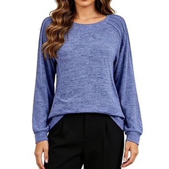 Women Crew Neck Long Sleeve Tunic Top Pleated Stripe Detail Loose Fit Casual Pullover Shirt