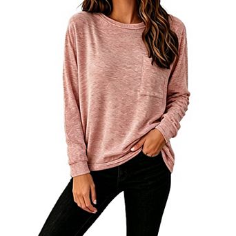 Women Crew Neck Long Sleeve Tunic Top Chest Pocket Loose Fit Casual Basic Layering Tee Shirt