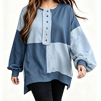 Women Color Block Sweatshirt Crew Neck Long Sleeve Pullover Loose Casual Color Contrast Top