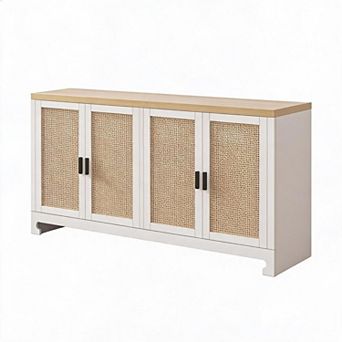 4-Door Handwoven Rattan Buffet Storage Cabinet, Boho Style Wooden Accent Credenza