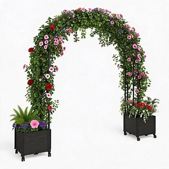 71Inch Black Metal Garden Arch Trellis Adjustable Wedding Backdrop with Planter Box