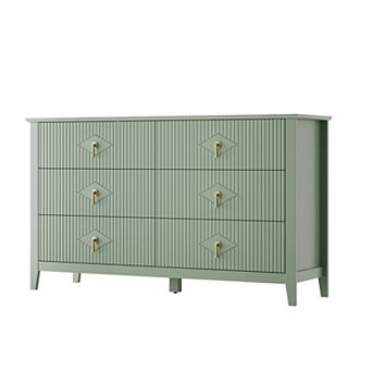 54" Extra Wide 6 Drawer Dresser for Bedroom Modern Wood Chest with Fluted Panels & Gold Handles