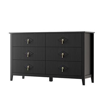 54" Extra Wide 6 Drawer Dresser for Bedroom Modern Wood Chest with Fluted Panels & Gold Handles