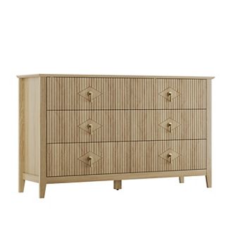 54" Extra Wide 6 Drawer Dresser for Bedroom Modern Wood Chest with Fluted Panels & Gold Handles