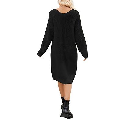 Womens Oversized Cable Knit v Neck Long Sleeve Loose Midi Solid Pullover Sweater Dresses