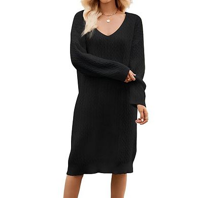 Womens Oversized Cable Knit v Neck Long Sleeve Loose Midi Solid Pullover Sweater Dresses