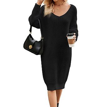 Womens Oversized Cable Knit v Neck Long Sleeve Loose Midi Solid Pullover Sweater Dresses