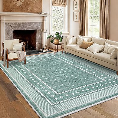 Bordered Cute Washable Area Rug with Rubber Backing Foldable Stain-Resistant Non-Slip Carpet