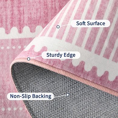 Bordered Cute Washable Area Rug with Rubber Backing Foldable Stain-Resistant Non-Slip Carpet