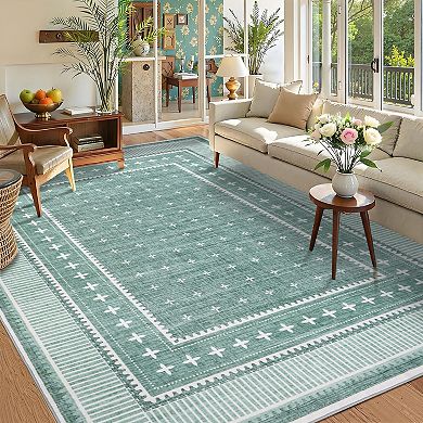 Bordered Cute Washable Area Rug with Rubber Backing Foldable Stain-Resistant Non-Slip Carpet