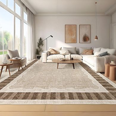 Geometric Bordered Washable Area Rug with Rubber Backing for Living Room Stain Resistant Carpet