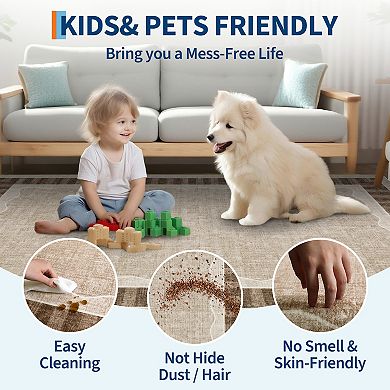 Geometric Bordered Washable Area Rug with Rubber Backing for Living Room Stain Resistant Carpet