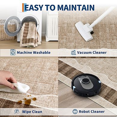 Geometric Bordered Washable Area Rug with Rubber Backing for Living Room Stain Resistant Carpet