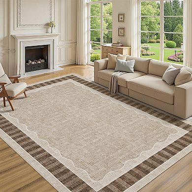 Geometric Bordered Washable Area Rug with Rubber Backing for Living Room Stain Resistant Carpet