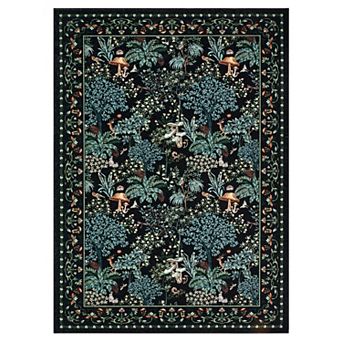 Forest Botanical Washable Area Rug with Nature, Mushroom & Animal Motifs, Non-Slip Low-Pile Carpet