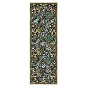 Forest Botanical Washable Area Rug with Nature, Mushroom & Animal Motifs, Non-Slip Low-Pile Carpet