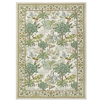 Forest Botanical Washable Area Rug with Nature, Mushroom & Animal Motifs, Non-Slip Low-Pile Carpet