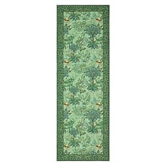 Forest Botanical Washable Area Rug with Nature, Mushroom & Animal Motifs, Non-Slip Low-Pile Carpet